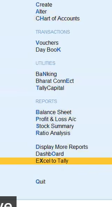 Excel to Tally option on the TallyPrime Gateway of Tally