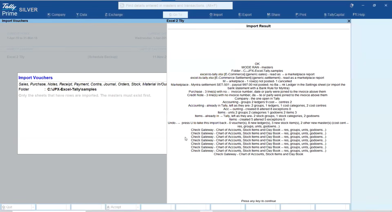 Import Result screen with created, skipped and undo details